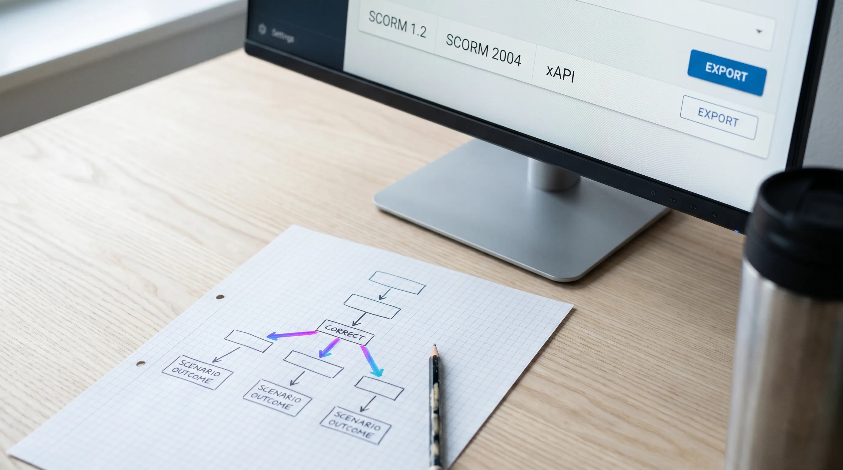 A hand-drawn branching-scenario training flowchart on graph paper in dark ink with one arrow highlighted in the Playcut violet-pink-cyan signature gradient, paired with a 27-inch monitor at the back of the desk showing a SCORM 1.2 / SCORM 2004 / xAPI export panel under soft north-window daylight, Playcut Imagen generation
