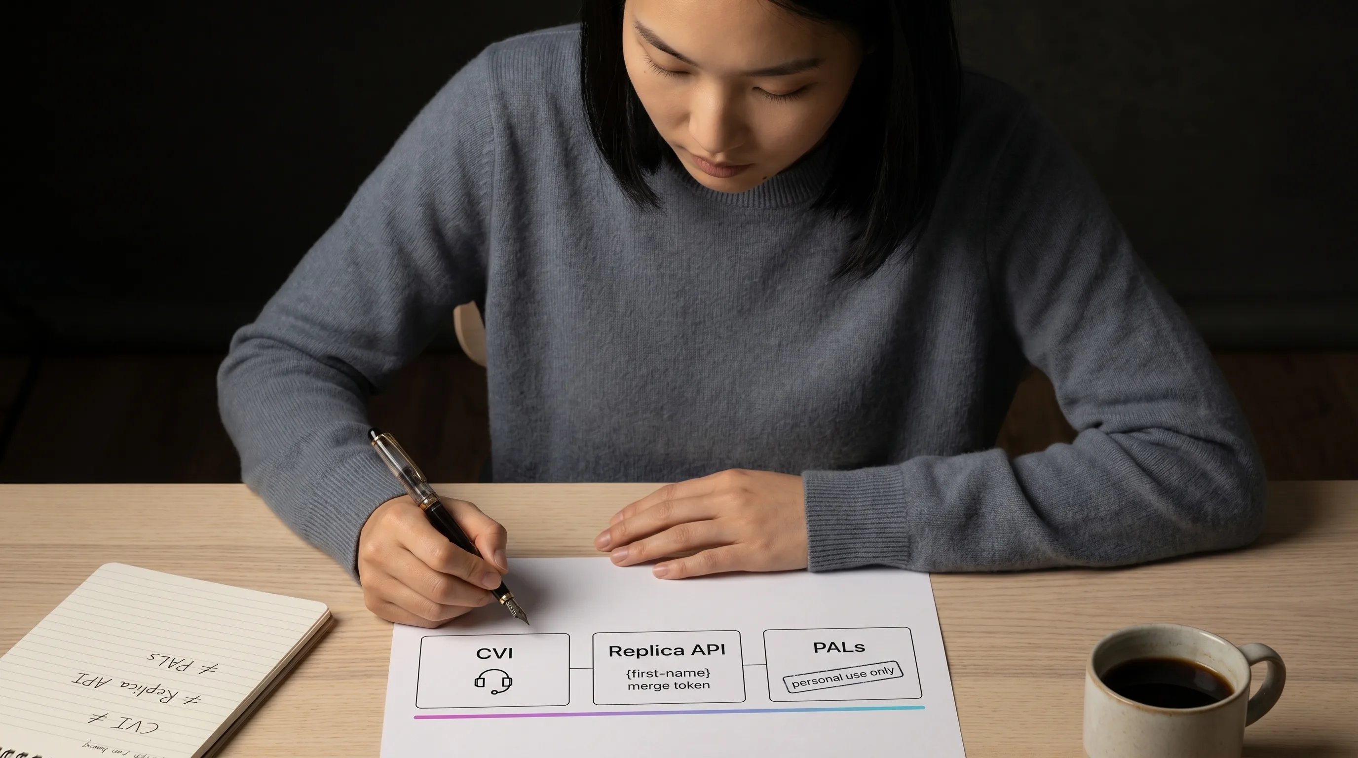 Mira Chen studying a printed product-disambiguation diagram on an ash-wood desk — three labeled rectangles showing Tavus's three distinct products (CVI for real-time AI conversation on the left, Replica API for 1:1 personalized async video in the middle with a violet-pink-cyan gradient underline, PALs personal-use only on the right) — Playcut Imagen generation