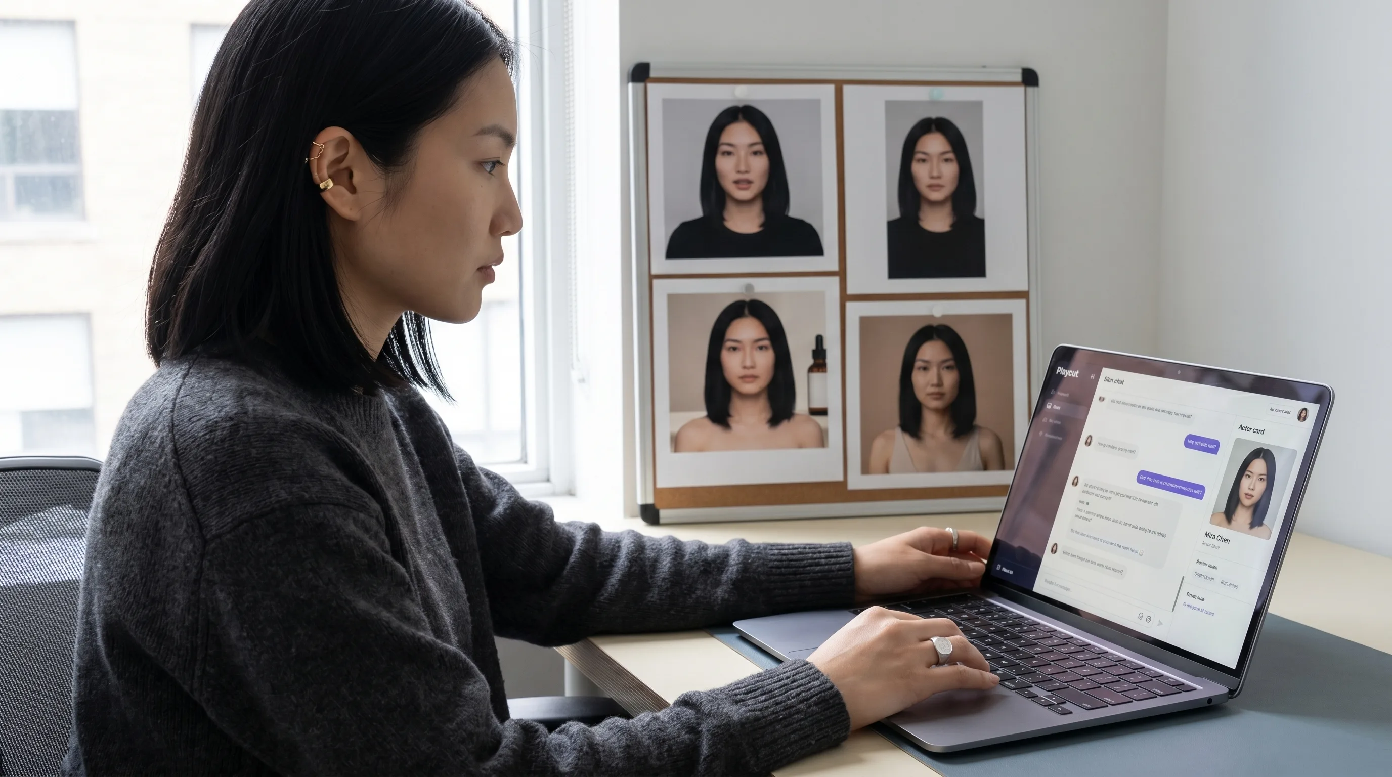 Mira Chen reviewing the Playcut Actor Engine four-format consistency test at her sales-ops desk, rendered by the Playcut Actor Engine