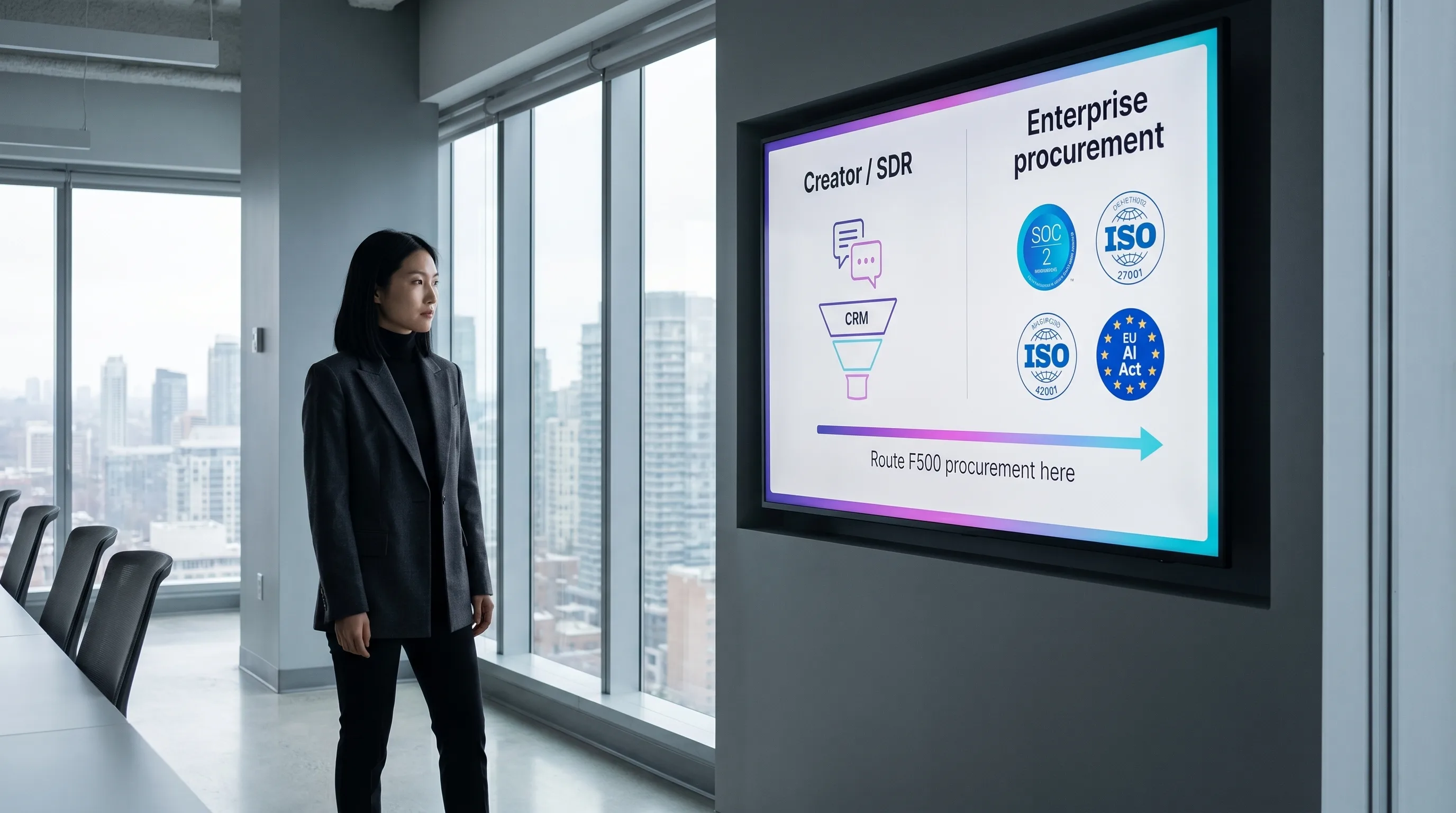 Mira Chen standing alone in a modern Toronto open-plan B2B office reviewing a wall-mounted display showing a side-by-side routing-decision comparison between the creator/SDR stack and the enterprise-procurement stack with SOC 2 + ISO 27001 + ISO 42001 + EU AI Act compliance certifications, a thin Playcut violet-pink-cyan gradient underline highlighting the F500 enterprise routing arrow, Playcut Imagen generation