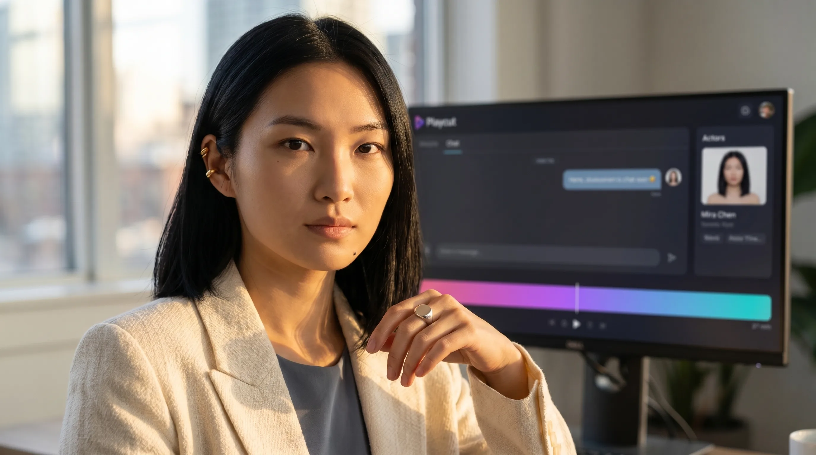 Mira Chen with calm direct gaze, Playcut chat surface softly out of focus behind her, rendered by the Playcut Actor Engine