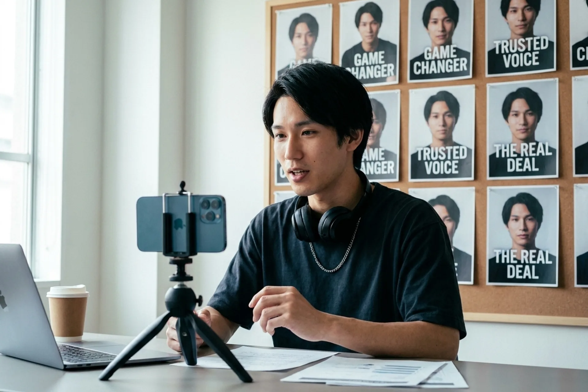 UGC with AI actors in production: the same saved AI actor delivering a creator-style product read to a phone on a tripod while a wall of ad frames behind him repeats the identical face under different hook captions — 100% character consistency rendered by the Playcut Actor Engine