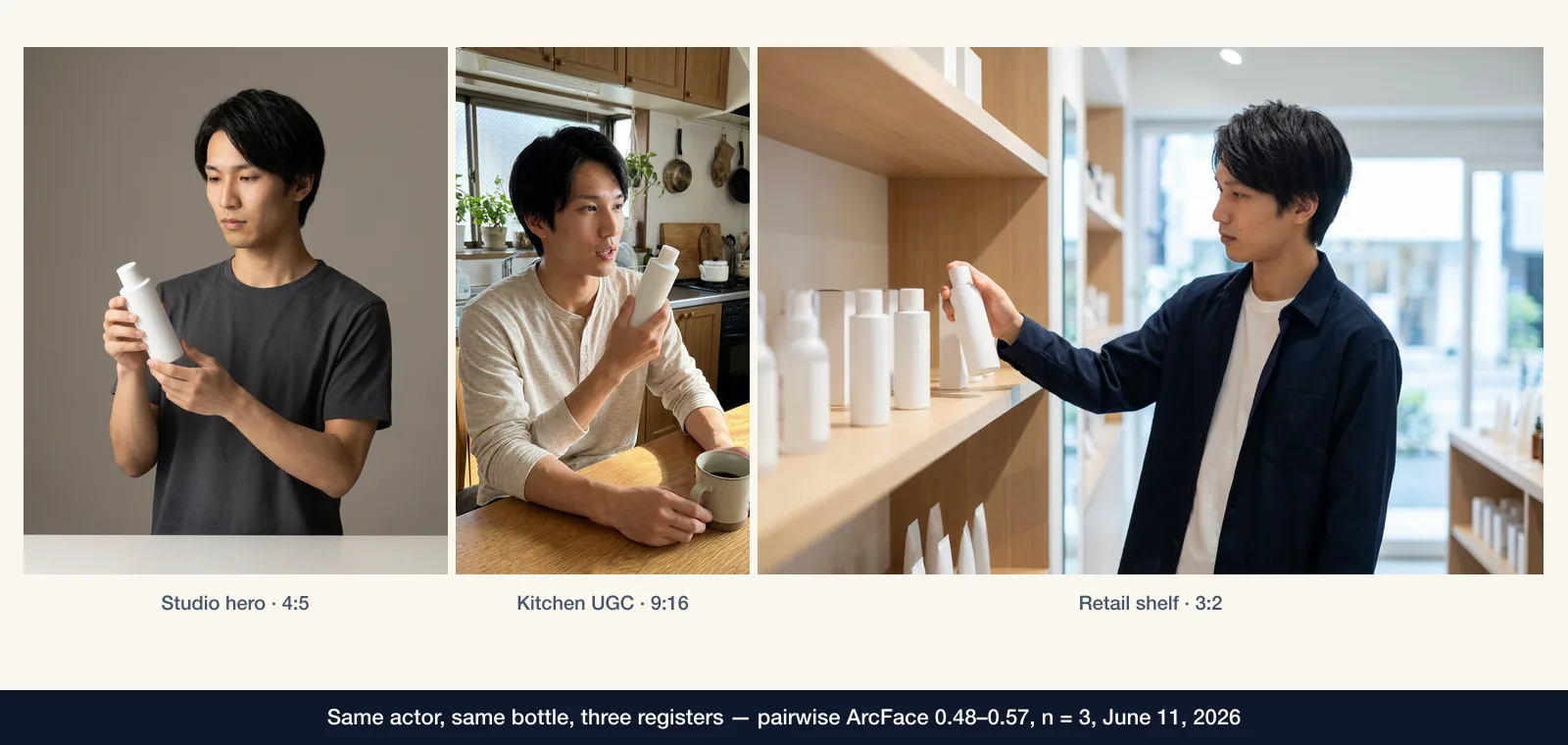 The same AI actor holding the same unbranded white skincare bottle across three ad registers — a 4:5 studio hero shot, a 9:16 handheld kitchen UGC frame, and a 3:2 retail shelf scene — annotated with pairwise ArcFace face-match scores of 0.48 to 0.57