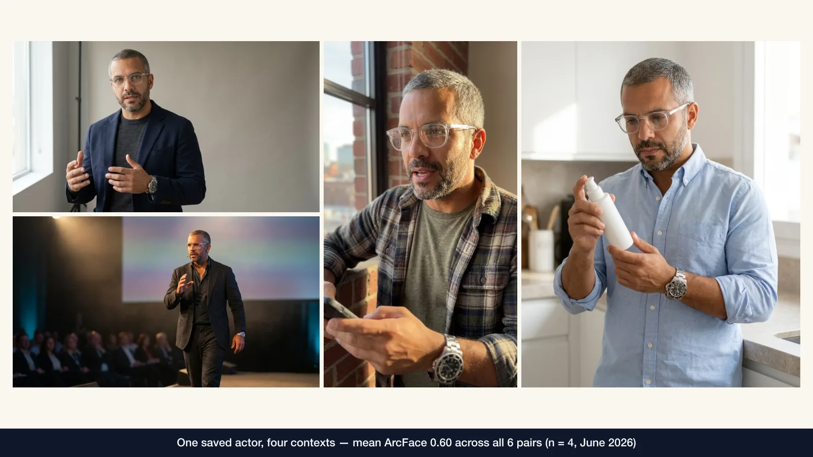 The same AI spokesperson across four commercial contexts — a daylight corporate studio, a conference keynote stage with blurred audience, a golden-hour vertical social frame, and a bright kitchen product presentation — from the June 2026 four-context lab, mean 0.60 ArcFace across all six pairs