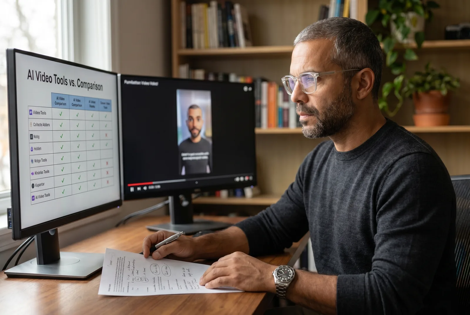 A marketer at a desk comparing eight AI video tools across two monitors, with a Vidnoz alternative shortlist, watermark and pricing notes, and a TikTok-style vertical avatar clip open on screen