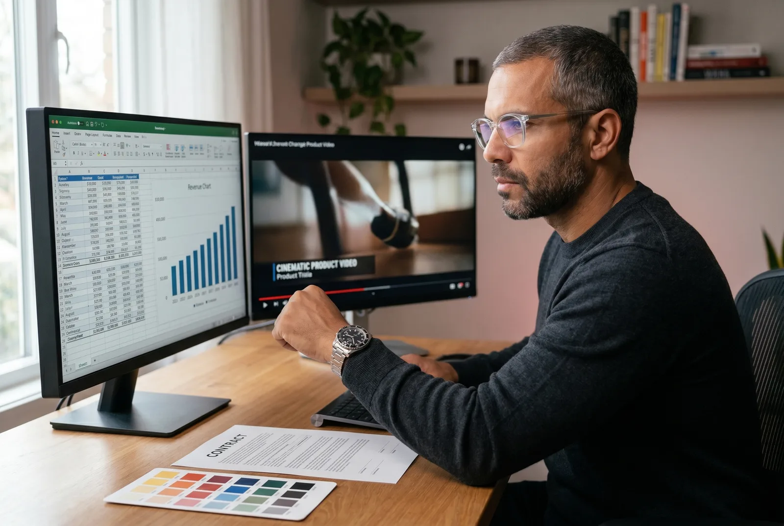 An agency operator at a desk reviewing a white-label AI video margin spreadsheet on one monitor and a branded client video export on a second, with a printed reseller contract and a per-client brand kit swatch card on the desk