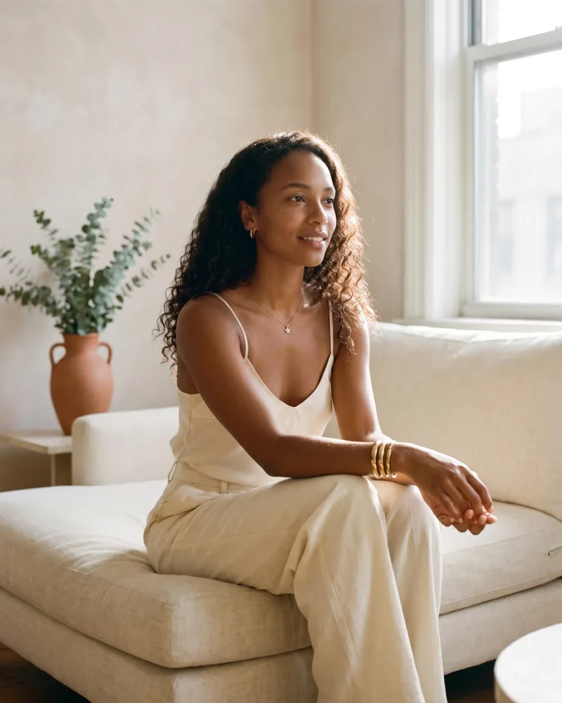 Editorial creator portrait of Aaliyah, a young creator with rich warm-brown skin, long natural type-3 curls, gold huggie hoops and a tiny gold star pendant, seated on a cream linen chaise in a sunlit apartment with eucalyptus in a terracotta vase, Playcut Actor Engine generation
