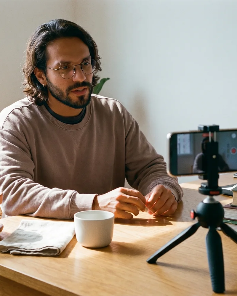 Editorial behind-the-scenes portrait of Diego, an AI ad operator with wire-frame glasses and silver hoop, filming into a smartphone mounted on a tabletop tripod at a sunlit oak desk, Playcut Actor Engine generation