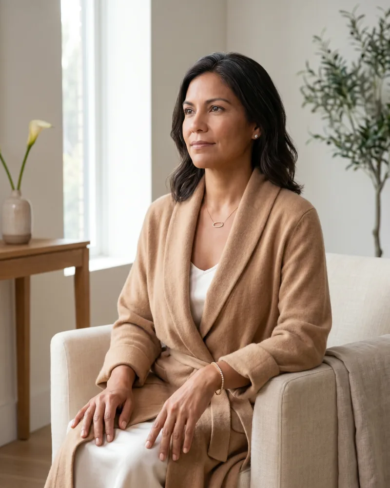 Editorial wellness portrait of Elena, a refined Latina woman in her late forties with subtle natural silver streaks in her hair, seated in a cream linen armchair near a sunlit window in a serene wellness studio, camel cashmere shawl over an ivory silk slip, Playcut Actor Engine generation