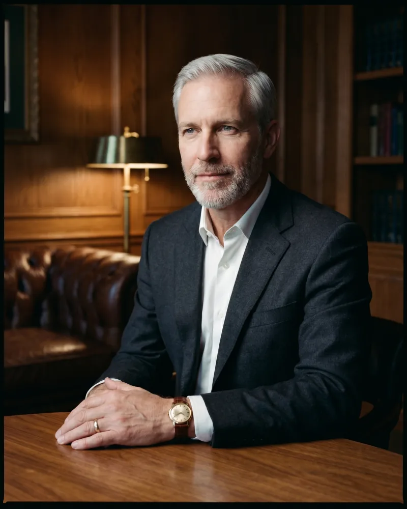 Theatrical key-lit editorial executive portrait of Marcus, a distinguished silver-haired man in a charcoal suit and white shirt seated at a refined walnut table in an oak-paneled library with a vintage brass desk lamp, Playcut Actor Engine generation
