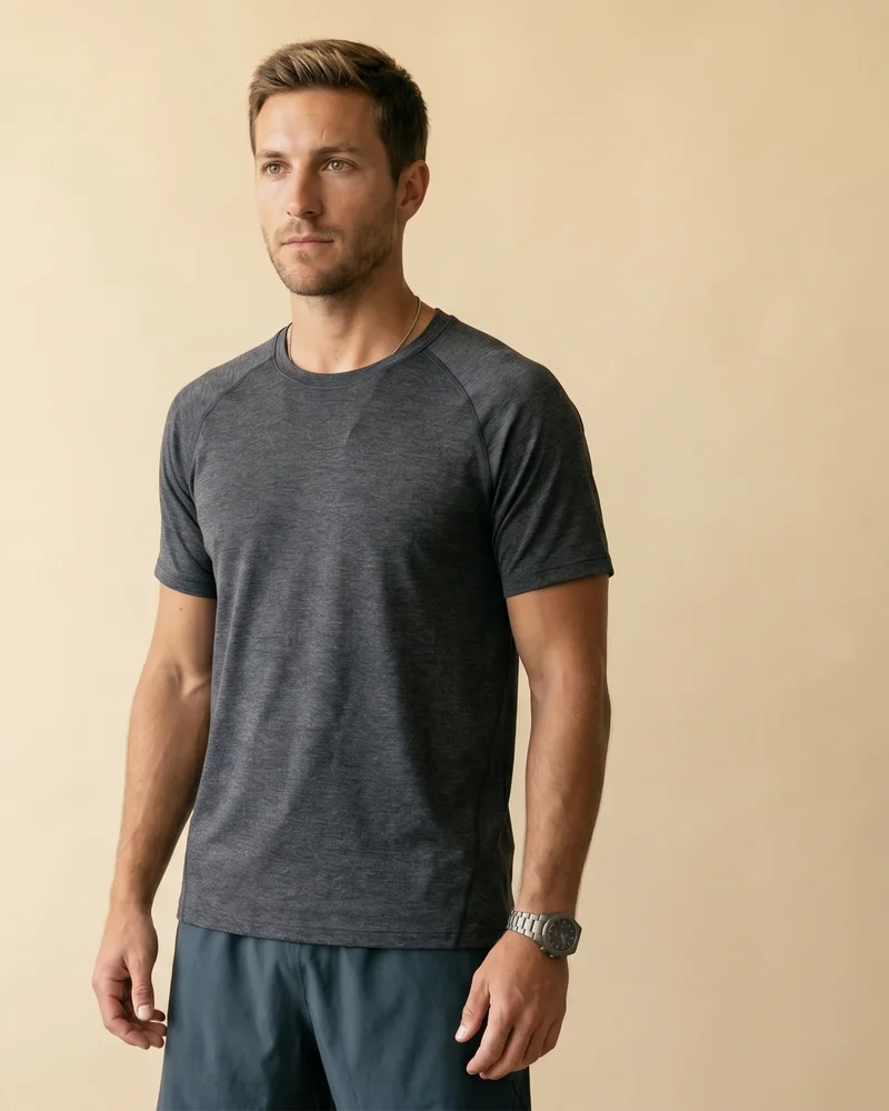 Clean studio editorial portrait of Theo, a fit late-twenties athletic ambassador in a heather-charcoal technical performance tee against a warm cream backdrop, calm focused gaze, Playcut Actor Engine generation