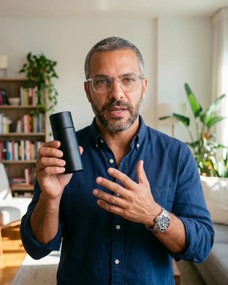 The same custom AI avatar Andre Laurent in a phone-style UGC ad frame holding a product to camera, the same face as the studio still, rendered by the Playcut Actor Engine