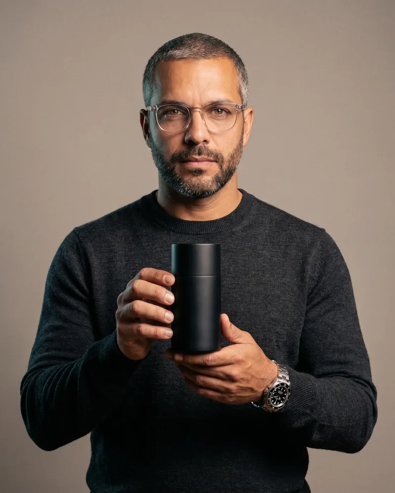 The same custom AI avatar Andre Laurent holding an unbranded product at chest height, identity preserved while compositing onto the SKU, rendered by the Playcut Actor Engine