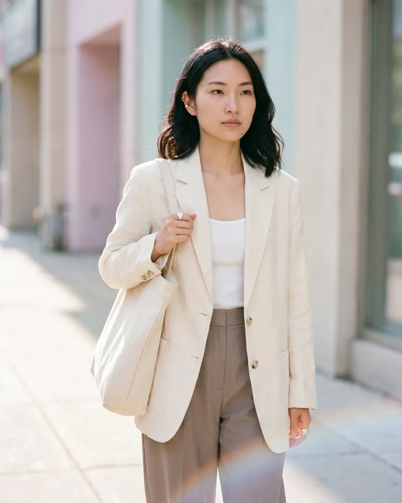 Editorial fashion still of Playcut custom AI actor Mira Chen walking on a sunlit sidewalk holding a natural-canvas tote bag, cream linen blazer, Kodak Portra 400 grain, Playcut Actor Engine generation