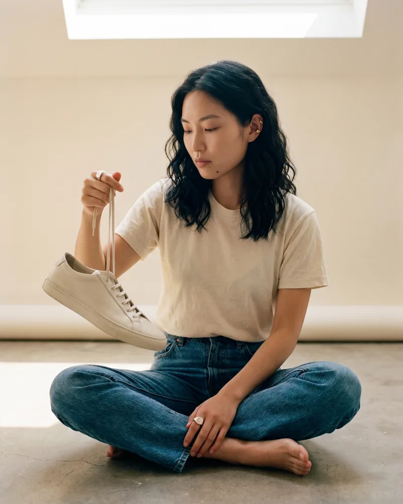 Editorial fashion still of the same custom AI actor Mira Chen seated cross-legged on a concrete studio floor holding a minimalist off-white sneaker by its laces, vintage-cream tee and washed indigo jeans, Playcut Actor Engine generation