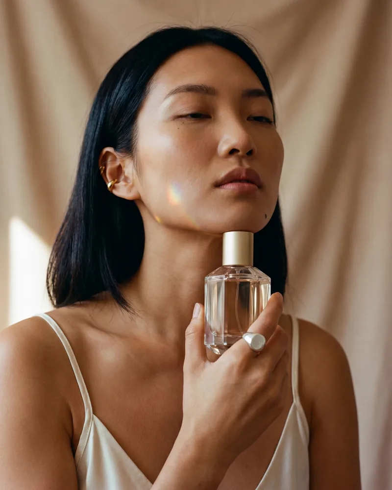 Editorial fragrance still of the same custom AI actor Mira Chen holding an unbranded faceted crystal perfume bottle at jaw height in cream silk slip top, prism light across cheekbone, Playcut Actor Engine generation