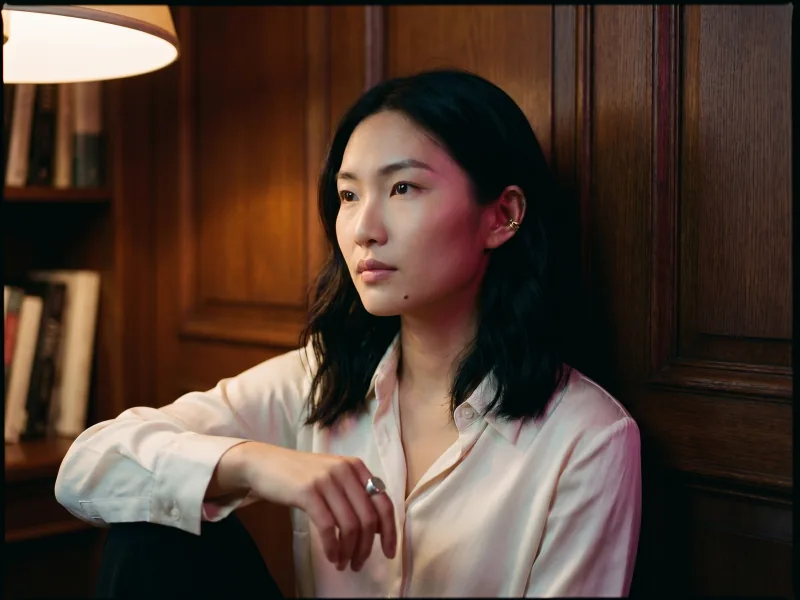 Editorial fashion portrait of Playcut custom AI actor Mira Chen in soft ivory silk against an oak-paneled wall under a warm tungsten practical lamp with theatrical Rembrandt key light, Playcut Editorial Light filter