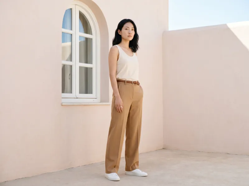 Lookbook outdoor fashion editorial of the same custom AI actor Mira Chen in camel tailored trousers and a cream tank in front of a pale-blush stucco wall in a sunlit Mediterranean courtyard, Playcut Lookbook Day filter