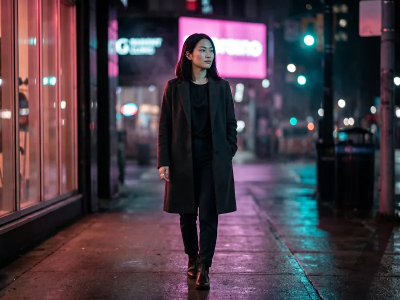 Refined nighttime cinematic editorial portrait of the same custom AI actor Mira Chen walking a rain-glossed downtown sidewalk at night with controlled warm-magenta and cool-cyan practical city light, Playcut Neon Night filter