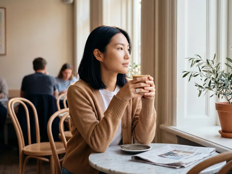 Café lifestyle editorial portrait of the same custom AI actor Mira Chen seated at a marble café table with a latte cup, camel cardigan, warm window light, blurred patrons in background, Playcut Lifestyle Cafe filter