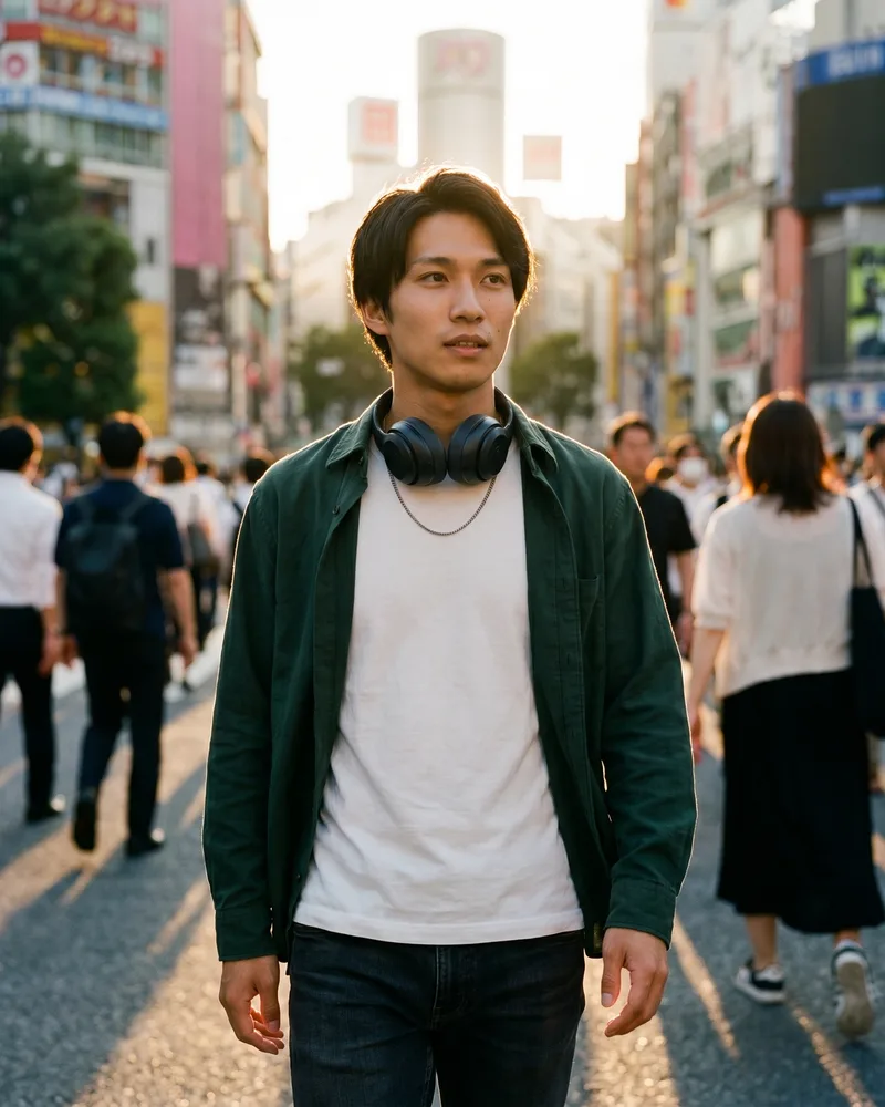The same AI influencer persona on a golden-hour street feed post, identity unchanged across location and lighting, rendered by the Playcut Actor Engine