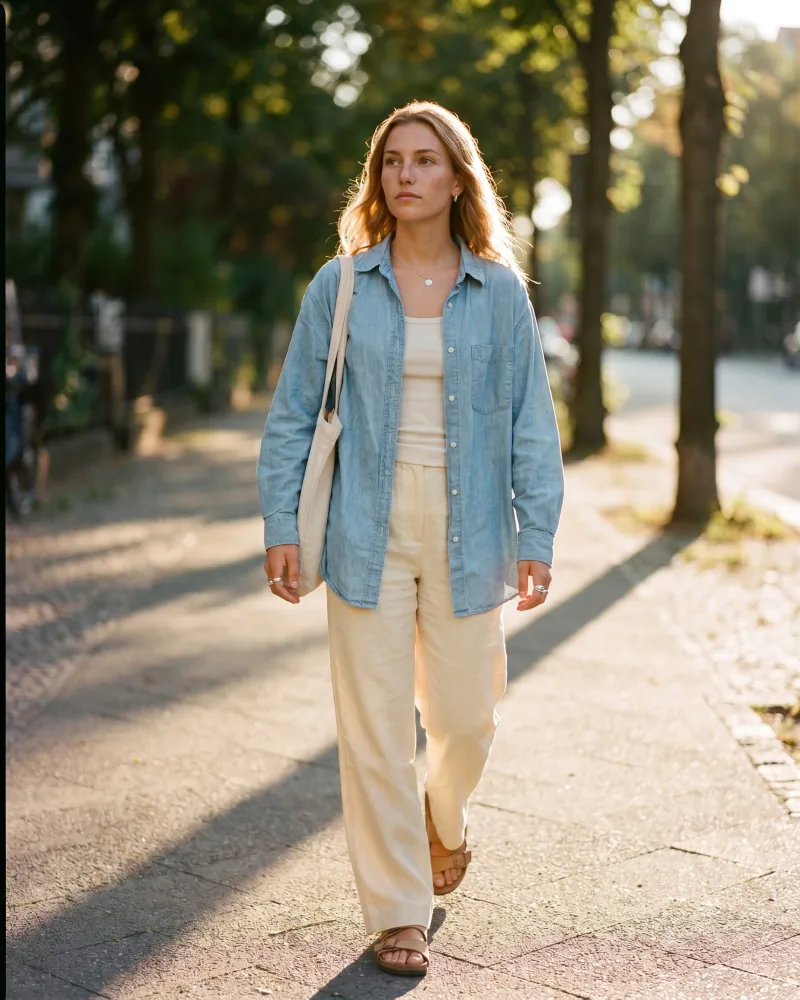 Editorial lifestyle still of the same custom AI actor Sienna Bell walking on a sun-soaked tree-lined sidewalk during golden hour, natural-canvas tote bag on her right shoulder, vintage chambray shirt over cream linen trousers, warm rim-light on her hair, Playcut Actor Engine generation