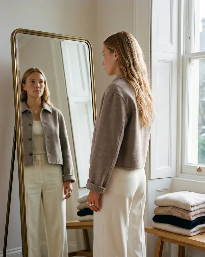Editorial try-on still of the same custom AI actor Sienna Bell mid three-quarter rotation in front of a brass-framed full-length mirror, taupe wool cropped jacket over cream tank and ivory trousers, sunlit dressing area, folded sweaters on bench, Playcut Actor Engine generation