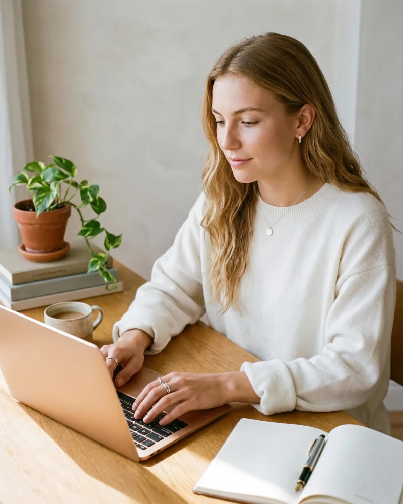Editorial workspace still of the same custom AI actor Sienna Bell at a warm-oak desk using a thin minimalist laptop, off-white crewneck sweater, ceramic mug and trailing pothos plant, soft north-facing morning daylight, Playcut Actor Engine generation