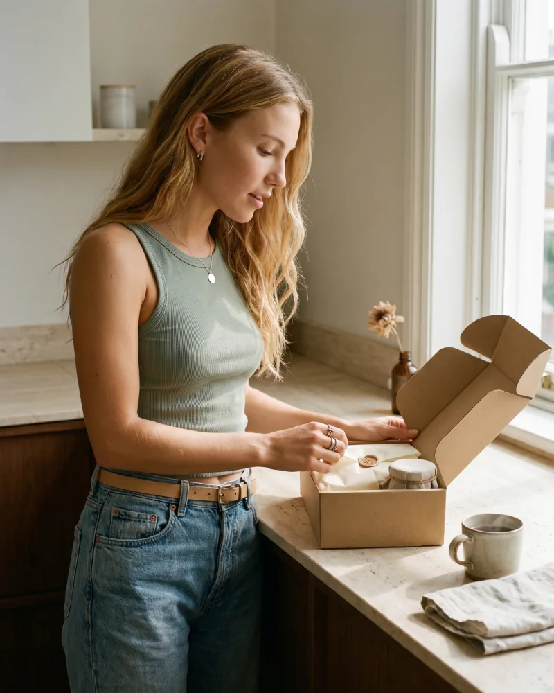 Editorial unboxing lifestyle still of the same custom AI actor Sienna Bell at a sunlit travertine kitchen counter peeling back the lid of an unbranded delivery box revealing tissue paper and a glass jar, sage tank and vintage denim, Playcut Actor Engine generation