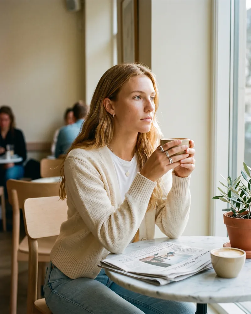 Editorial café lifestyle still of the same custom AI actor Sienna Bell seated at a marble café table by a tall window holding a cappuccino in both hands, cream cardigan over a white tee, Scandinavian-style café interior, warm window light, Playcut Actor Engine generation