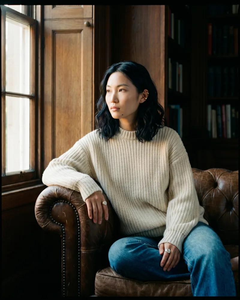 Theatrical key-lit editorial fashion portrait of Playcut custom AI actor Mira Chen seated on a vintage Chesterfield armchair by a tall sash window in an oversized cream chunky knit, oak-paneled library, theatrical Rembrandt key light, Playcut Actor Engine generation