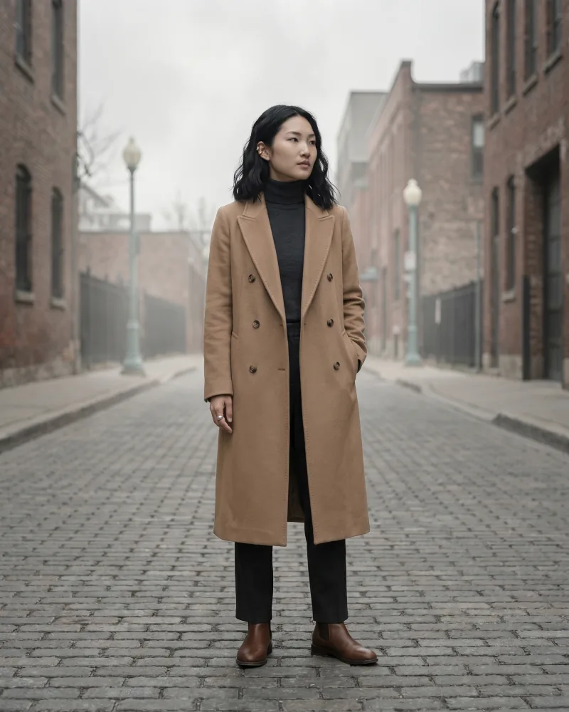 Wide environmental fashion portrait of the same custom AI actor Mira Chen in a quiet cobblestone laneway wearing a camel double-breasted cashmere overcoat, charcoal turtleneck and Chelsea boots, overcast desaturated grade, Playcut Actor Engine generation