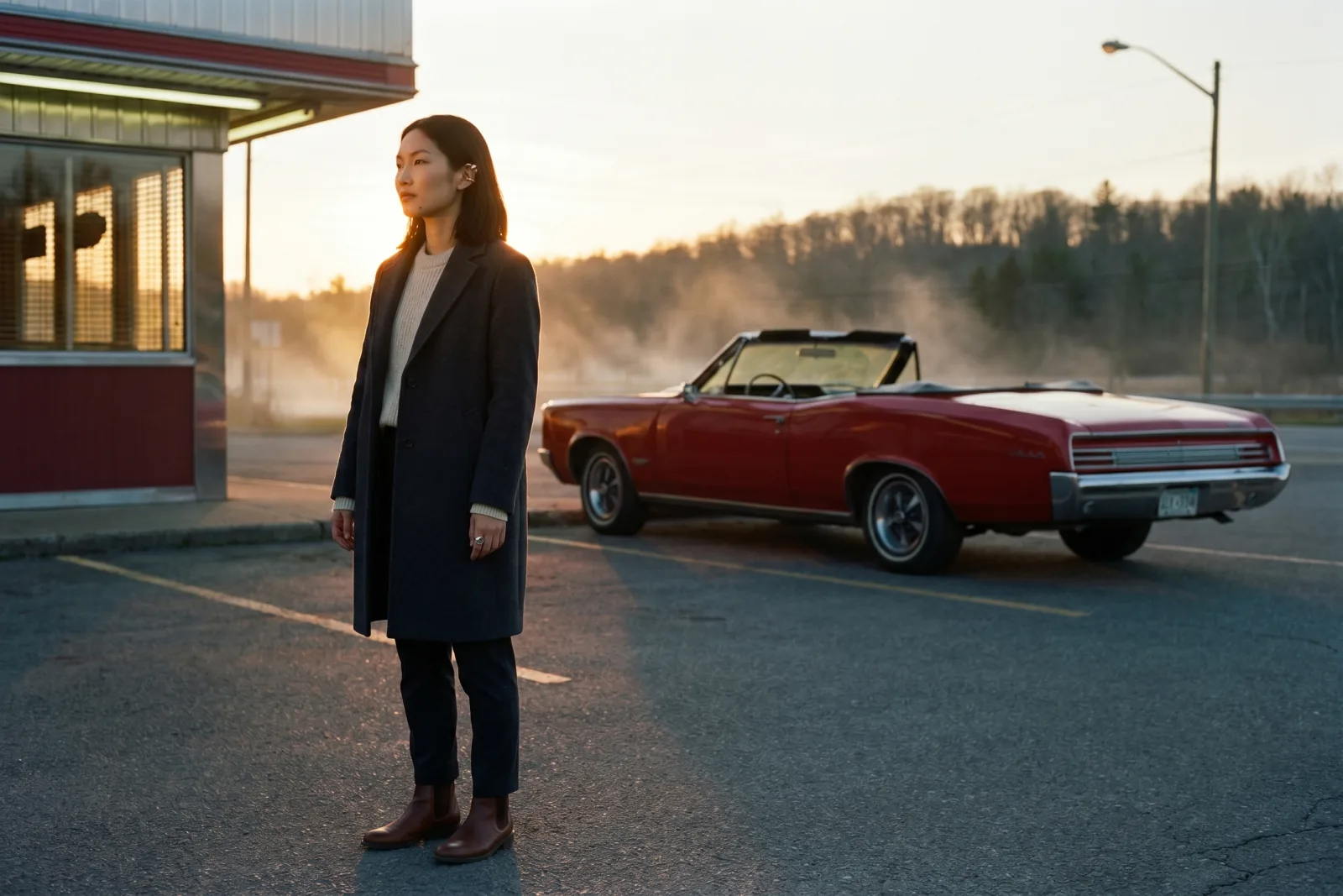 Cinematic editorial photograph of Playcut custom AI actor Mira Chen at golden hour standing by an empty rural diner parking lot, a vintage cherry-red 1968 convertible glowing in the background under atmospheric haze, large-format narrative stillness, Playcut Actor Engine generation