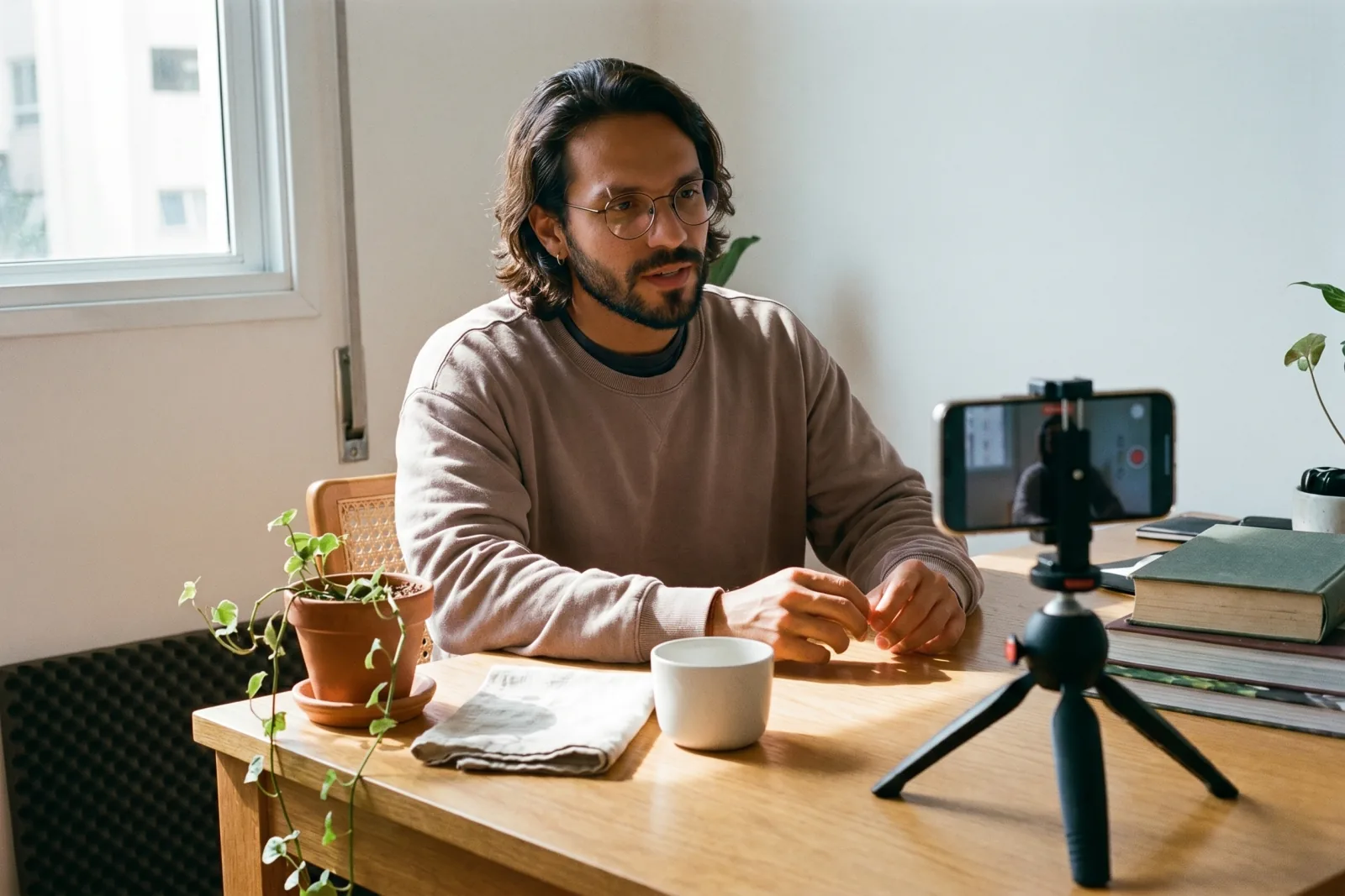 Editorial behind-the-scenes photograph of Playcut custom AI actor Diego Ribeiro at a sunlit oak desk filming into a smartphone mounted on a small tabletop tripod, wire-frame round glasses and silver hoop visible, calm professional creator energy, Playcut Actor Engine generation