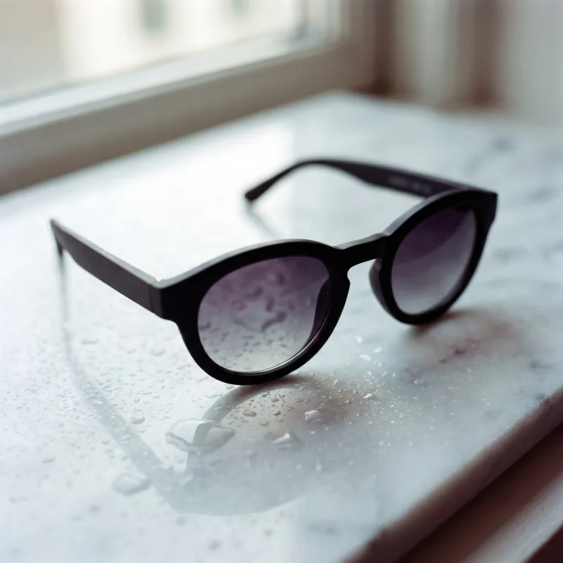 Editorial macro still-life of unbranded oval-frame matte black acetate sunglasses with smoky-grey gradient lenses and gold hinge dots on a misted Carrara marble slab with beading water droplets, soft north-facing daylight, Playcut generation
