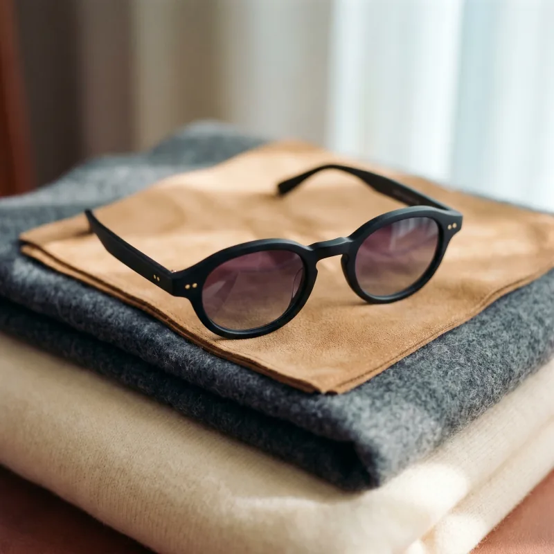 Editorial fashion product still of the same matte black sunglasses resting on a tonal stack of folded textiles — buttery-cream cashmere, charcoal wool throw and camel-tan suede square — diffused north-facing daylight, Playcut generation