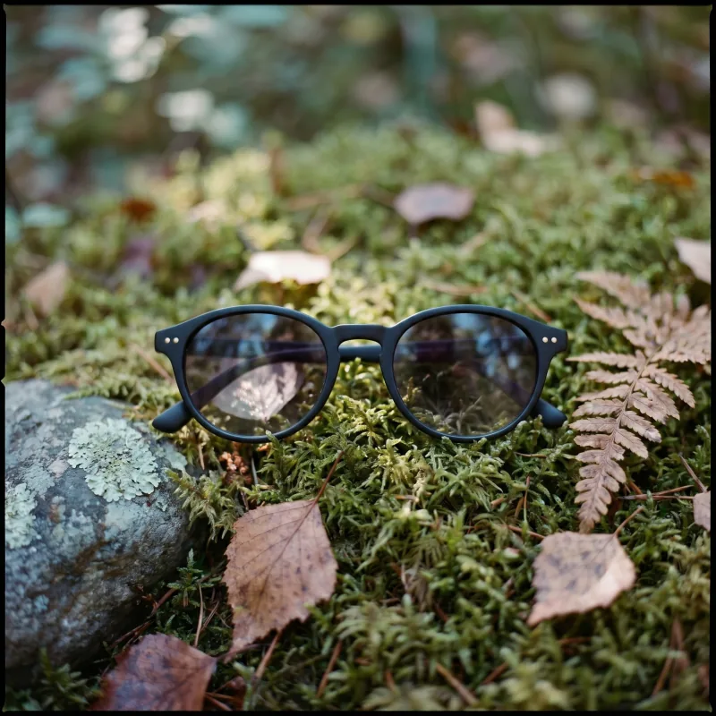 Editorial outdoor nature still-life of the same matte black sunglasses on a soft bed of damp forest moss with fallen birch leaves and a dried fern frond, dappled morning forest light filtering through canopy, Playcut generation