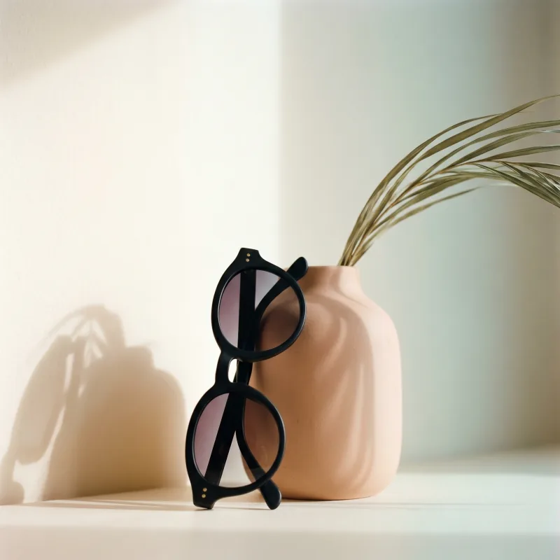 Editorial social-hero still of the same matte black sunglasses propped against a pale-terracotta ceramic vase with a single dried palm leaf, warm cream painted wall, elongated soft shadow, Playcut generation
