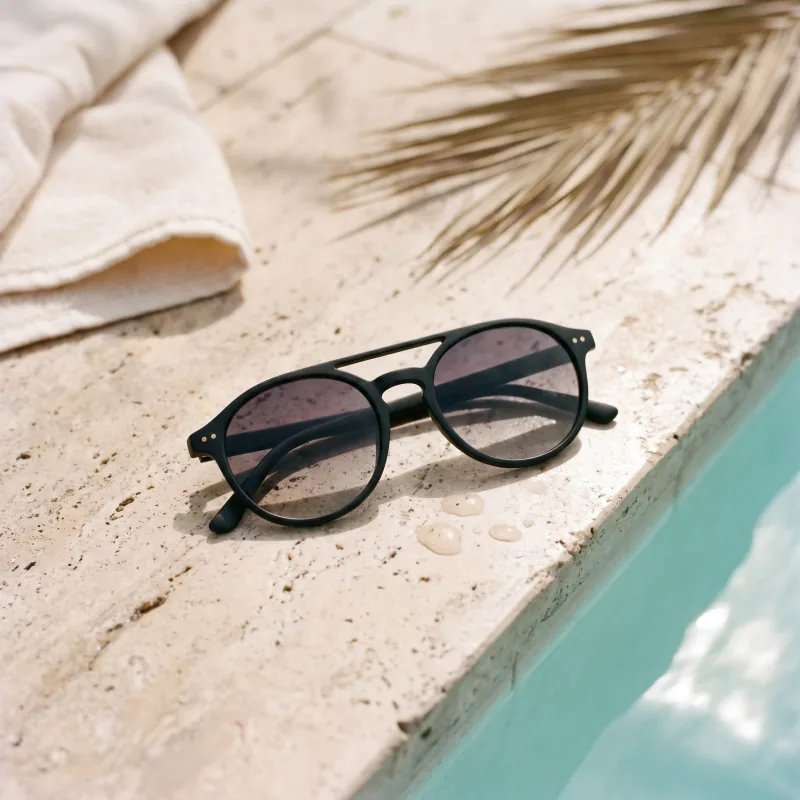 Editorial vacation still-life of the same matte black sunglasses on a weathered pale travertine pool deck with beaded water droplets, turquoise pool water at the corner of frame, folded cream cotton towel out of focus, Playcut generation